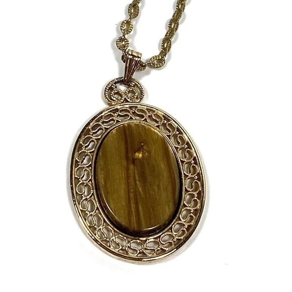 Sarah Coventry Necklace Gold Tone Faux Lucite Tiger Eye Pendant Vintage 70s - Picture 12 of 13